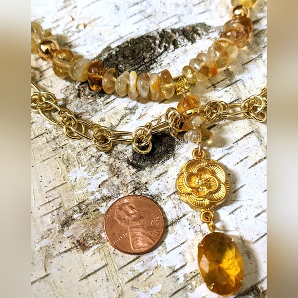 Natural Yellow Citrine Beads & Barbed Chain Two Strand Gold Plated Necklace - Picture 7 of 9